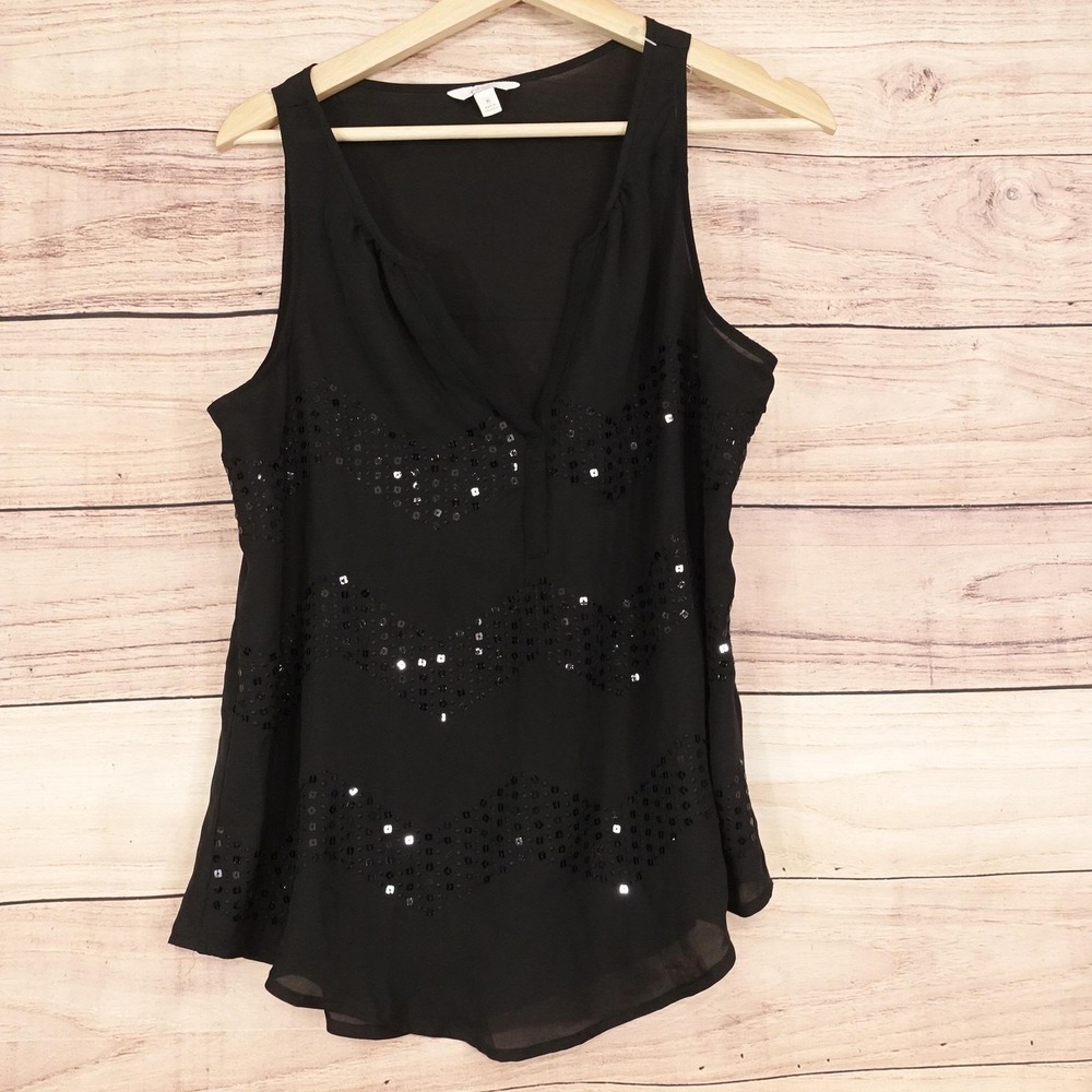Candie's Tank Womens M Black V-Neck Sleeveless Sequin Sheer Chiffon Top Party